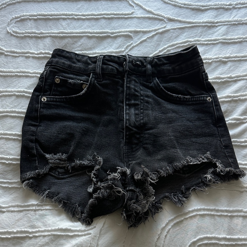 Zara Black Distressed High-Rise Denim Shorts